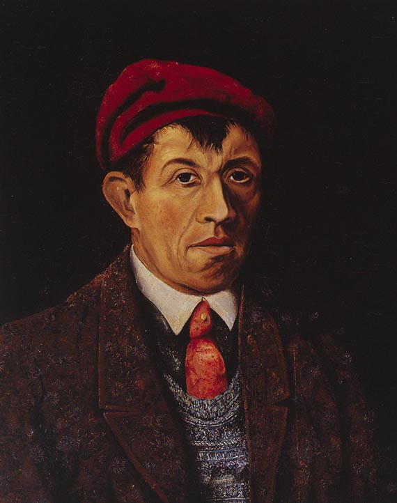 Abbildung zu: Franz Radziwill, Selbstbildnis mit roter Mütze, 1929, Öl auf Leinwand, Kulturgeschichtliches Museum, Osnabrück. © VG Bild-Kunst, Bonn 2025