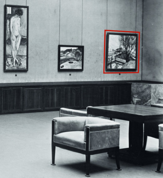 Abbildung zu: Ausstellungsansicht: Edvard Munch - Paul Gauguin, Kunsthaus Zürich, Zürich 1932, mit dem vorliegenden Gemälde „Das rote Haus“ (rechts außen).