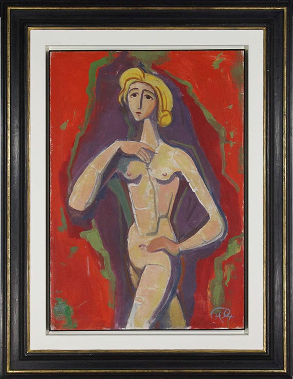 Karl Hofer - Stehender Mädchenakt vor Rot - Rahmenbild