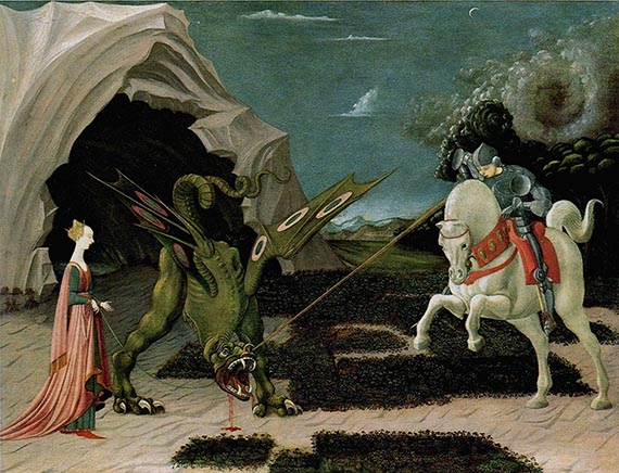 Abbildung zu: Paolo Uccello, Der Heiliger Georg und der Drachen, ca. 1470, Öl auf Leinwand, National Gallery, London.
