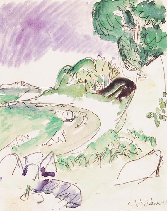 Abbildung zu: Ernst Ludwig Kirchner, Der Strand von Fehmarn, 1912, Aquarell und Bleistift auf Papier, Privatsammlung.