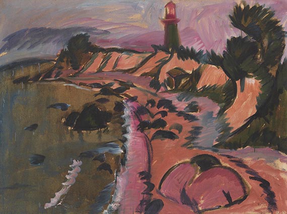 Abbildung zu: Ernst Ludwig Kirchner, Fehmarnküste mit Leuchtturm, 1913, Öl auf Leinwand, Privatsammlung (ehemals Sammlung Hermann Gerlinger, Würzburg), versteigert am 9.12.2022, Ketterer Kunst, München, Ergebnis: € 1.225.000.