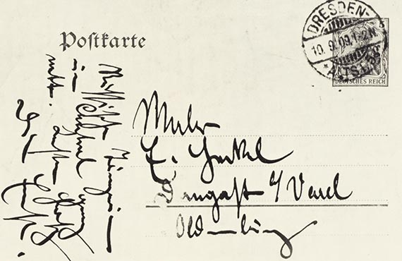 Abbildung zu: Ernst Ludwig Kirchner, Russisches Tänzerpaar, 1909, Tuschfeder und farbige Kreiden, Postkarte an Erich Heckel 10.9.09, Altonaer Museum, Hamburg