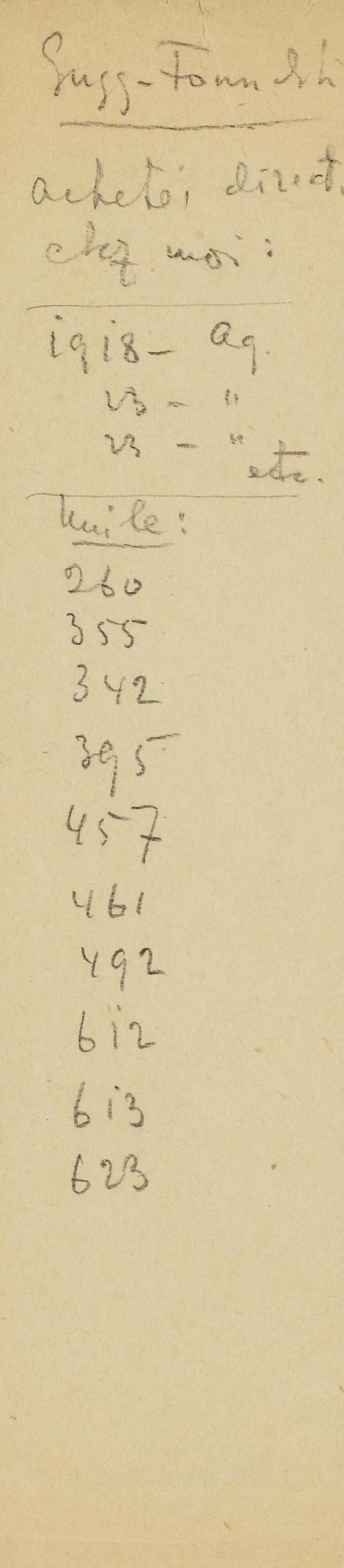 Abbildung zu: Wassily Kandinsky, handschriftliche Werkliste, inkl. "Behauptend" [355], um 1937, Bibliothèque Kandinsky, Centre Pompidou, Paris. © bpk / CNAC-MNAM, Fonds Kandinsky