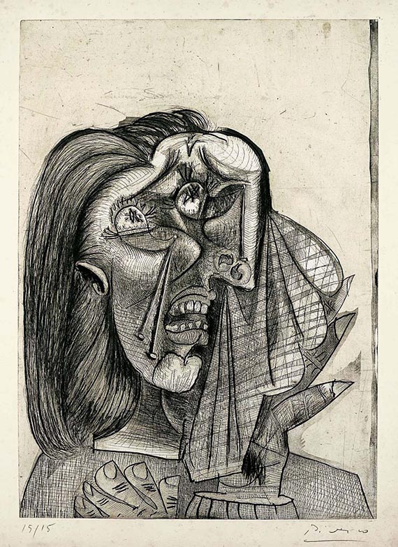 Abbildung zu: Pablo Picasso, La femme qui pleure (Die weinende Frau), 1937, Radierung, Fondation Beyeler, Riehen/Basel. <br />© Succession Picasso / VG Bild-Kunst, Bonn 2025