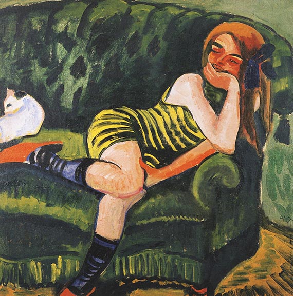 Abbildung zu: Max Pechstein, Das Grüne Sofa, 1910, Öl auf Leinwand, Museum Ludwig, Köln. © Pechstein 2025 Hamburg / Berlin<br />/ VG Bild-Kunst, Bonn 2025