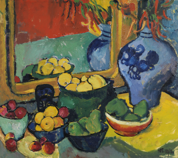 Abbildung zu: Max Pechstein, Früchte (Rückseite), 1910, Rückseite von Inder und Frauenakt / Früchte (Rückseite), 1910.