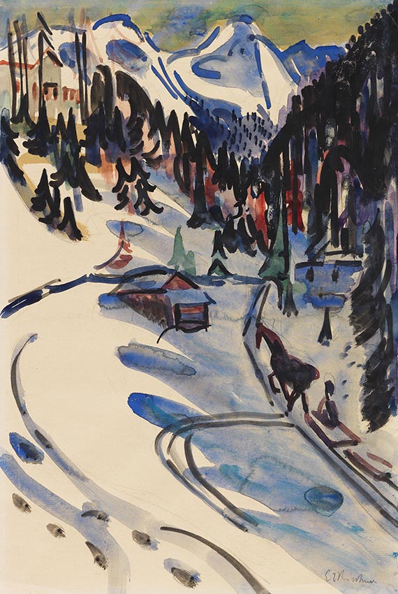 Abbildung zu:   Ernst Ludwig Kirchner, Sertigtal im Winter, 1924/25, Aquarell über Bleistift, versteigert bei Ketterer Kunst, 12.12.2020. 
