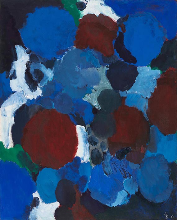 Abbildung zu: Ernst Wilhelm Nay, Ontario Blau, 1959, Öl auf Leinwand, Kunstmuseum Basel. © Ernst Wilhelm Nay Stiftung, Köln/VG Bild-Kunst, Bonn 2025.