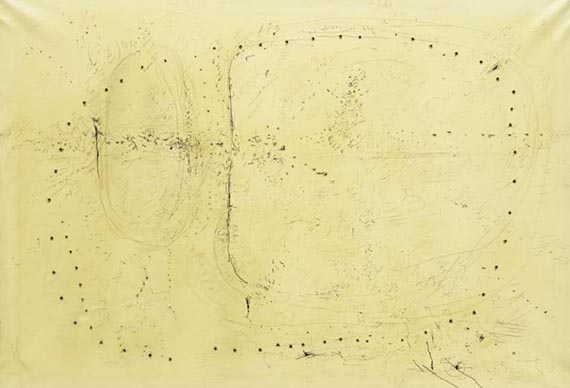 Abbildung zu:   Lucio Fontana, Concetto spaziale (Raumkonzept), 1957, Tinte und Bleistift auf Papier und Leinwand, Museum of Modern Art, New York. © Lucio Fontana by SIAE / VG Bild-Kunst, Bonn 2025 
