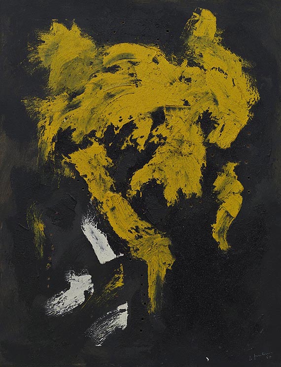 Abbildung zu:   Lucio Fontana, Concetto spaziale (Raumkonzept), 1957, Öl auf Leinwand, Guggenheim Museum, New York. © Lucio Fontana by SIAE / VG Bild-Kunst, Bonn 2025 