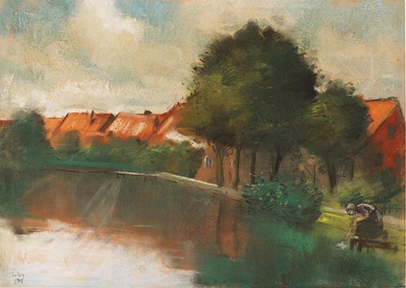 Lesser Ury - Holländisches Dorf mit waschender Frau