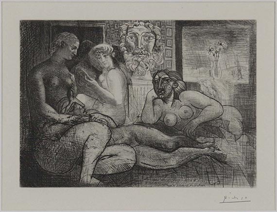 Pablo Picasso - Quatre femmes nues et tête sculptée / Femmes entre elles avec voyeur sculpté clin d´oeil au bain turc - Rahmenbild