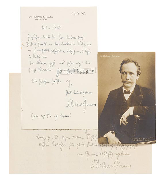 Richard Strauss - 2 eigh. Briefe m. U. (1 mit kl. Notenbeispiel), 1 Porträtkarte