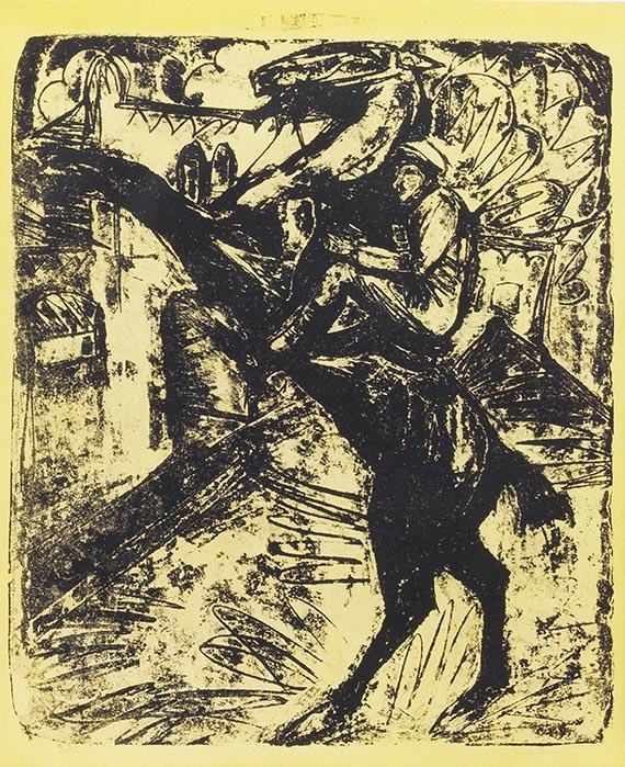 Abbildung zu: E. L. Kirchner, Steigendes Pferd mit Reiter, 1915, Lithografie, Städel Museum, Frankfurt am Main.