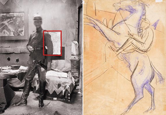 Abbildung zu: Selbstporträt als Soldat im Atelier Berlin-Friedenau, Körnerstraße 45, 1915, Foto: E. L. Kirchner.<br />Die Rückseite der hier angebotenen Arbeit (rechts), ca. 1915, schwarze und farbige Kreide, vermutlich auf der Fotografie links im Hintergrund zu sehen.