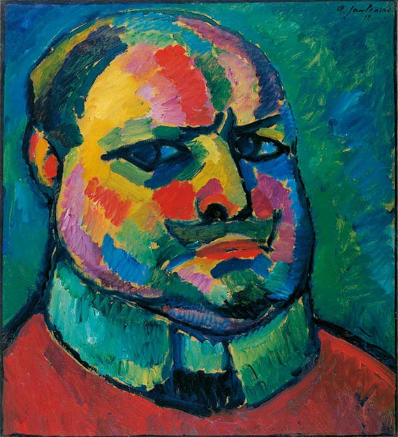 Abbildung zu: Alexej von Jawlensky, Selbstbildnis, 1912, Öl auf Karton, Museum Wiesbaden, Dauerleihgabe Landeshauptstadt Wiesbaden.