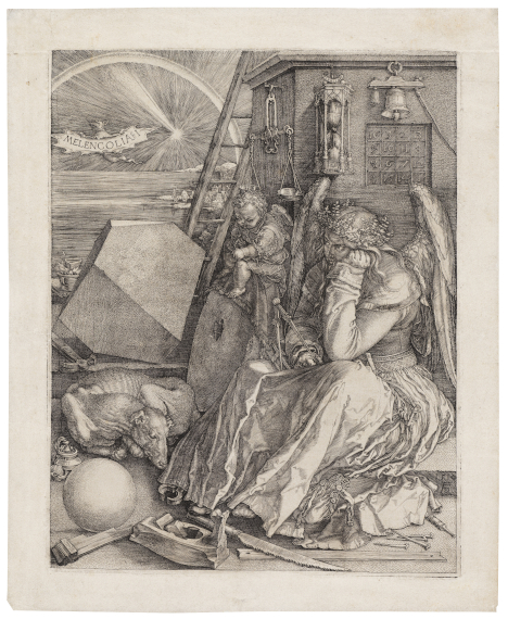 Abbildung zu: Albrecht Dürer, Melencolia I (Die Melancholie), 1514, Kupferstich, verkauft bei Ketterer Kunst, Evening Sale, 8.12.2023, Ergebnis: 279.000 Euro.