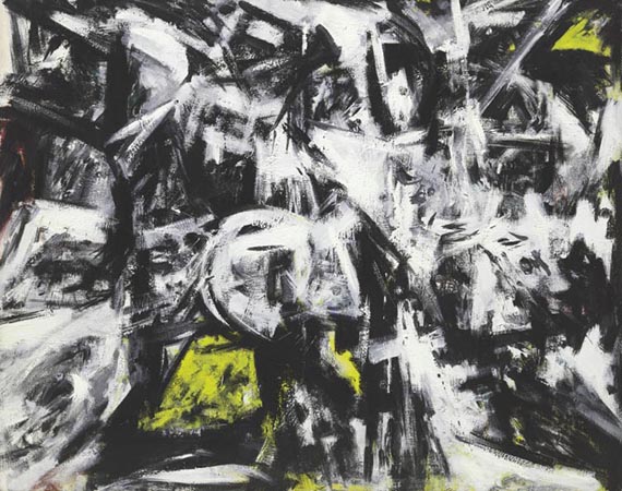 Abbildung zu: Emilio Vedova, Spazio Inquieto (Unruhiger Raum), 1957, Tempera und Sand auf Leinwand, Museum of Modern Art, New York. © Fondazione Emilio e Annavbianca Vedova, Venezia