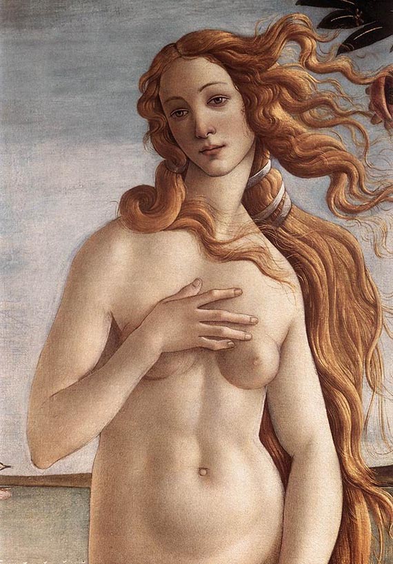 Abbildung zu: Sandro Botticelli, Nascita di Venere (Die Geburt der Venus) (Ausschnitt), um 1485/86, Tempera auf Leinwand, Uffizien, Florenz.