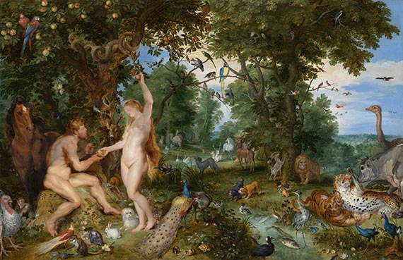 Abbildung zu: Jan Brueghel d. &Auml;./Peter Paul Rubens, Het aardse paradiis met de zondeval van Adam en Eva (Garten Eden mit dem S&uuml;ndenfall), um 1615, &Ouml;l auf Holz, Mauritshuis, Den Haag.