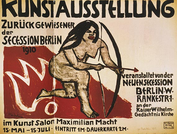 Abbildung zu: H. M. Pechstein, Plakat zur Ausstellung der Neuen Sezession, Kunstausstellung Zur&uuml;ckgewiesener der Berliner Sezession, 1910, Br&uuml;cke Museum, Berlin.