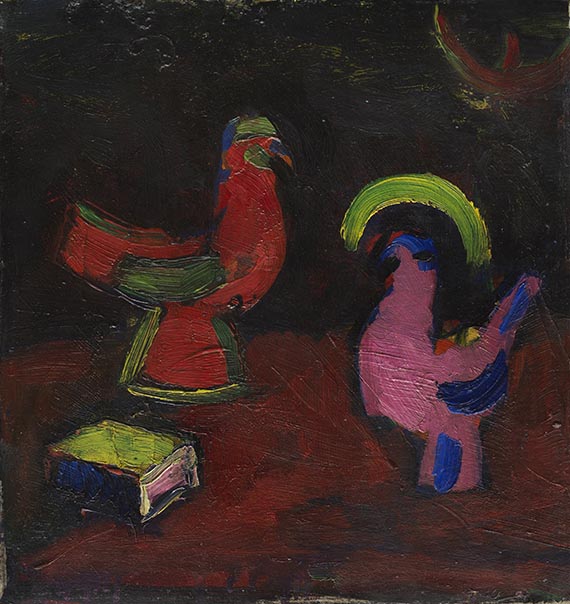 Hermann Stenner - Stillleben mit Tierfiguren und einem Buch (Hahn, Henne und Schachtel)