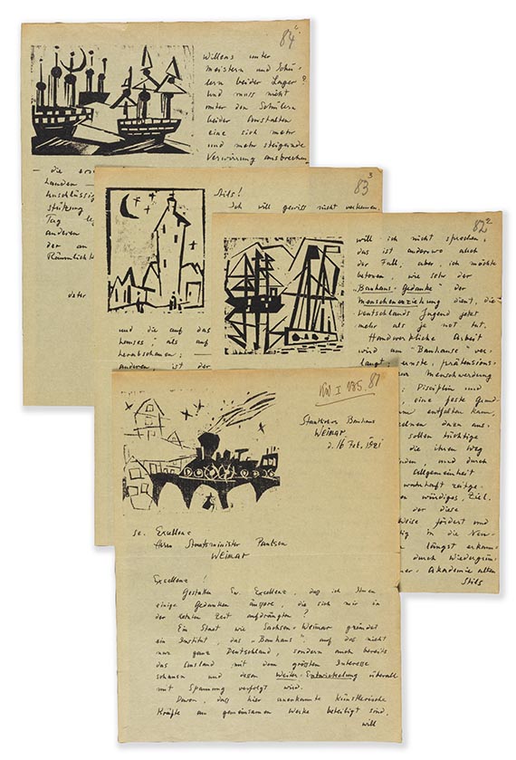 Lyonel Feininger - Eigenhändiger Brief mit 4 Holzschnitten