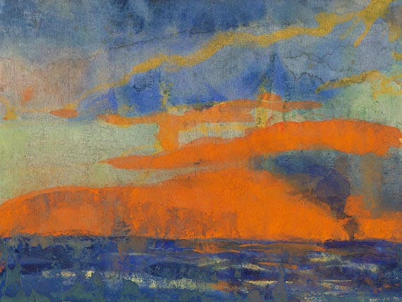 Emil Nolde - Meer mit Dampfer und orangefarbenem Himmel